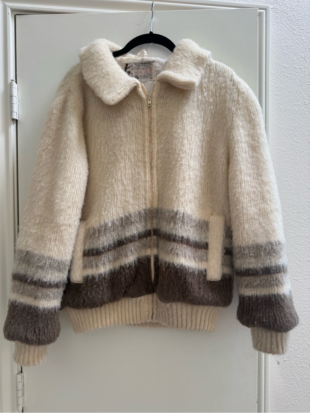 Vtg 1980's Roskva Iceland Wool Lined Full Zip Striped Jacket Beige/Gray/Brown